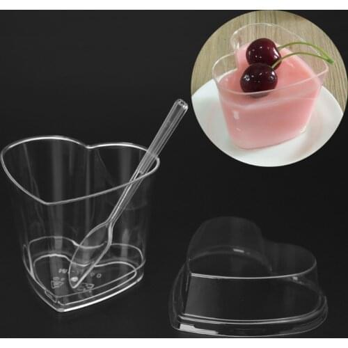 10Pcs Disposable Hard Plastic Mousses Dessert Cup Heart Shape With Spoons Lids
