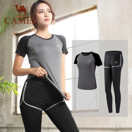 CAMEL 2Pcs Women Yoga Suits Womens Fitness Suits Sports Short Sleeve Shirt Running Sportwear Leisure Gym Pants Костюм йоги
