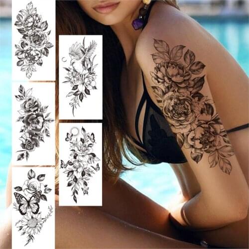 Flower Peony Temporary Tattoo For Adults Women Girls Brid Butterfly Rose Tattoos Sticker Black Fake Daffodil Waterproof Tatoos