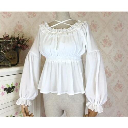 Lolita Girl Long Short Lantern Sleeve Chiffon Top Chiffon Blouse for Women D230