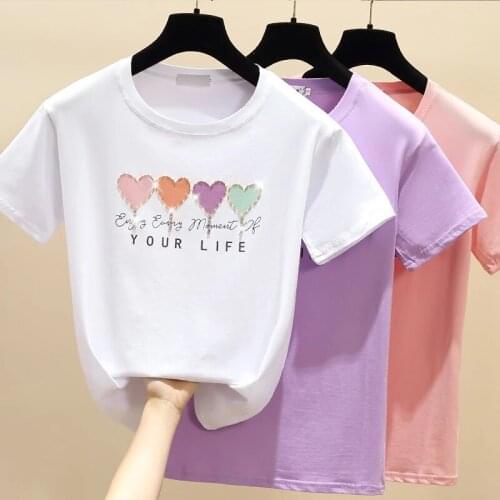 GGRIGHT Love Beading Pink Cotton T Shirt Short Sleeve Women Top White Summer Tshirt Korean Style T-shirt Big Girls White Tees