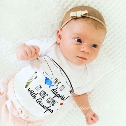 2020 Newborn Boy Girl Short Sleeve Letter Print Pack My I'm Going Fishing With Grandpa Romper Outfits Baby Clothes
