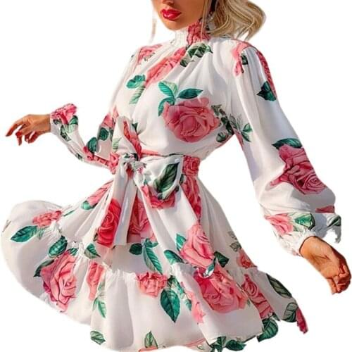 Summer Dress Retro Boho Women Turtleneck Floral Print Mini Sexy Dress Lantern Sleeve Party dress Vestidos