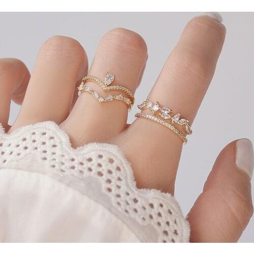 Delicate Jewelry 14K Gold Plated Adjustable Crystal Crown Rings for Women Luxury Zircon Engagement Rings Set