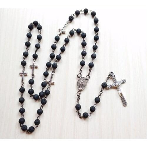 QIGO Black Volcanic Stone Rosary Long Beads Strand Cross Necklace For Men Women Religious Jewelry