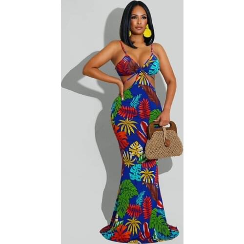 Leaves Print Elegant Long Mermaid Dresses Women Sexy Spaghetti Strap Backless Party Dress Summer Waist Band Cut Out Robe Femme