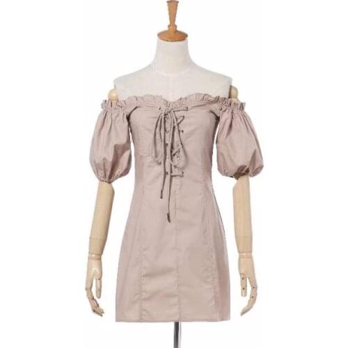 Kpop Seo Yea Ji IU Lee Ji Eun Khaki lace-up one word collar dress women korean summer puff sleeve sexy dresses female clothes