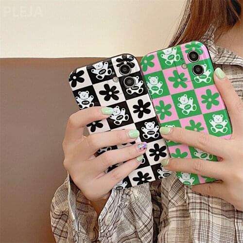 Funny Checkered Bear Flower Cute Cartoon Phone Case For iPhone 12 11 Pro Max 7 8 plus X Xr XS Max SE 2 2020 Silicon Cover Funda