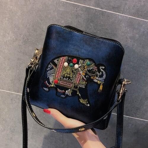 Vintage Embroidery Elephant Bag Bags Wide PU Leather Women Shoulder Crossbody Bag Tote Womens Handbags Purses #55
