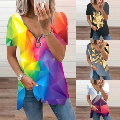 2021 Summer New Short Sleeve Top Zipper Graphic Graffiti Printing T Shirt Casual Plus Size Tees Streetwear Mujer Women Clothing