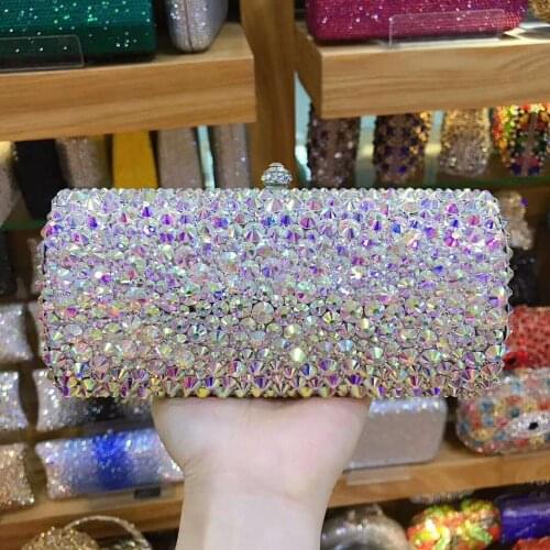 XIYUAN women AB color Dazzling Fully Crystal Diamond Evening Minaudiere Clutch Bag Wedding Party handbag purse wallet silver