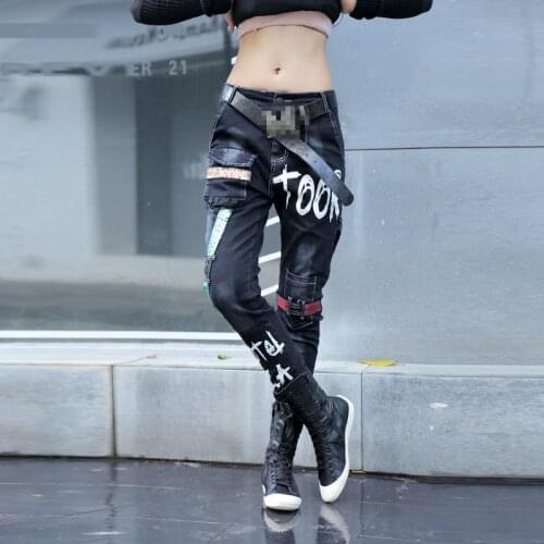 Punk Style Winter New Arrival Fashion Women Harem Pants Vintage Washed Ripped Bleached Patchwork Long Pants Female Denim Jeans