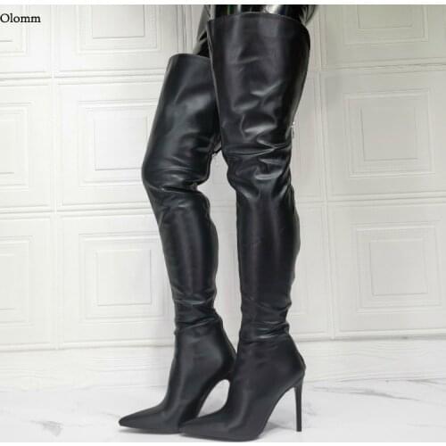 Olomm 2021 Handmade Women Winter Thigh High Boots Sexy Stiletto Heels Pointed Toe Elegant Black Shoes Women Plus US Size 5-15