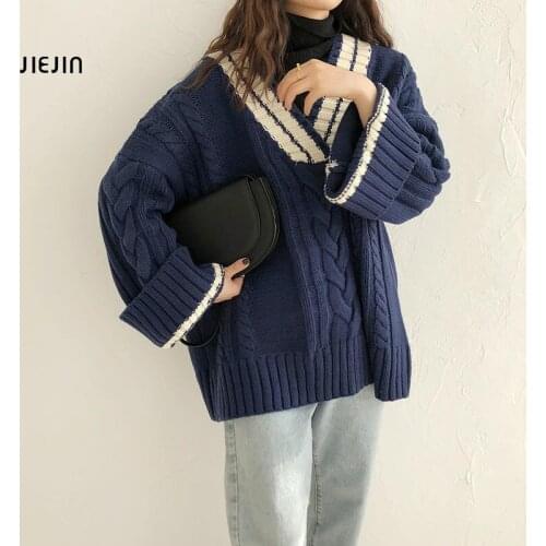 V Neck Striped Patchwork Sleeve Knit Sweater Women Loose Pullover Autumn Winter Sweaters and Pullovers Japanese Style xxl