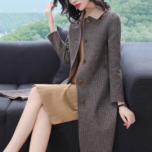 Wool Blends Women Long Coats Houndstooth Lapel Single Breasted Vintage Elegant Lady Plus Size Jackets Winter Outerwear X181