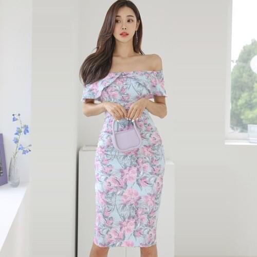 Womens Elegant Cold Shoulder Sexy Chic Floral Print Cocktail Party Slim Fit Dresses Slash Neck Short Sleeve Design Bodycon Dress