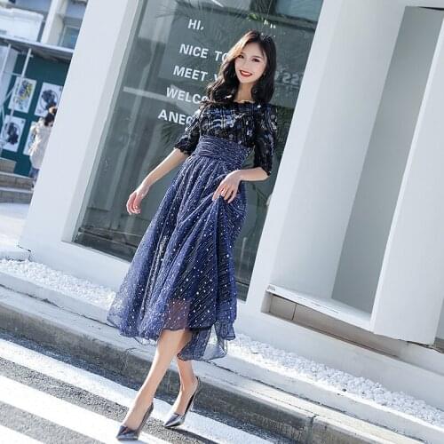 2019 New Fashion Formal Evening Dress Half Sleeve O-neck Appliques Sequins Tea Length Blue Prom Party Dress Haute Couture