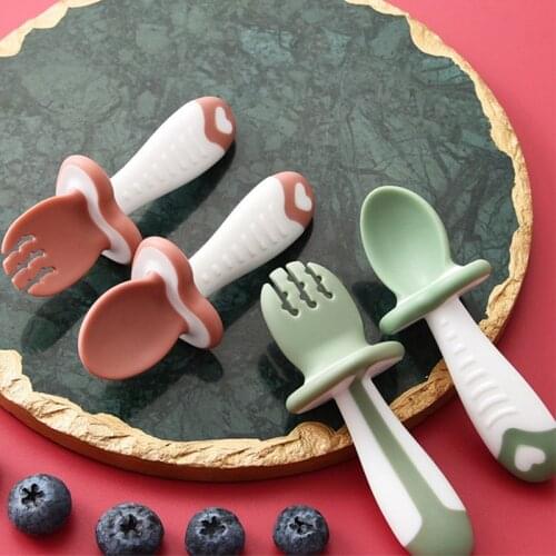 2Pcs/Set Baby Training Soft Head Spoon and Fork Short Handle Anti-slip Kids Spoon Fork Set Baby Feeding Tools Baby Gadgets