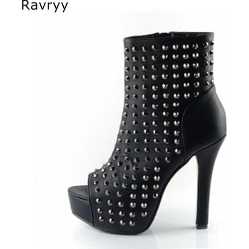 2018 Fashion Women Black Short Boots Cool Rivet Decor Peep Toe Ankle Booties motorcycle boot Female Party Club Model Show Shoes