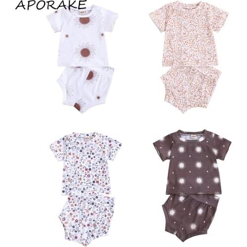 2021 0-24M Casual Baby Girl Boy Clothes Set Summer New Sun/Floral Print Short Sleeve T-shirt+Shorts Cotton Outfits 2pcs
