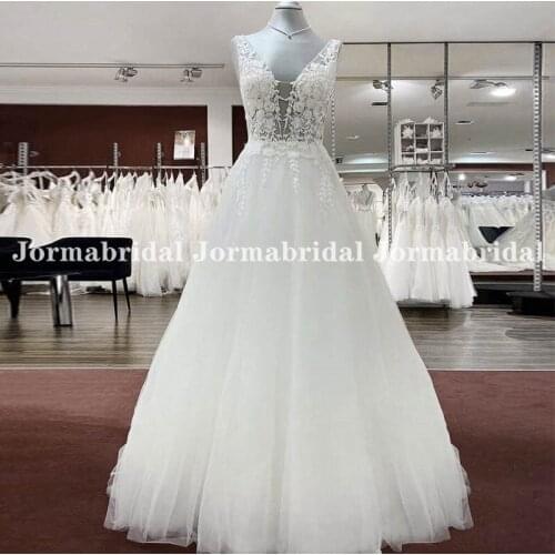 2021 Sexy Deep V-Neck Applique Wedding Dresses Sleeveless Tulle Backless Transparent Garden Long Bride Dress Vestido De Mariage