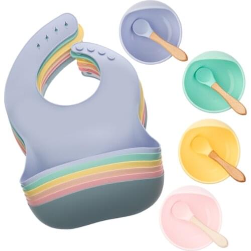 3pcs/ lot Feeding set Food Grade Silicone Bibs Baby Plate Non-silp Suction Bowl Kids Tableware Waterproof Bib BPA Free Spoon
