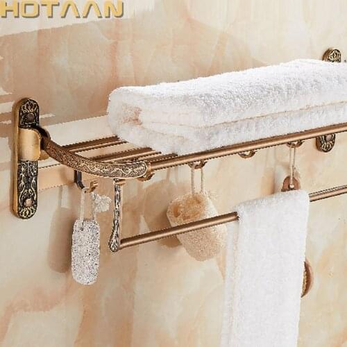 Aluminum Foldable Antique Brass Bath Towel Rack Active Bathroom Towel Holder Double Towel Shelf With Hooks Bathroom Accessories