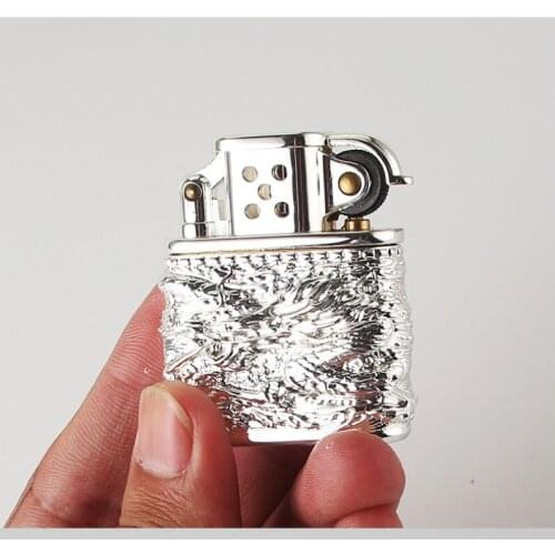 Armor Dragon Bright Silver Pure Copper Carving Old-fashioned Grinding Wheel Kerosene Machine Lighter Vintage Gift for Men