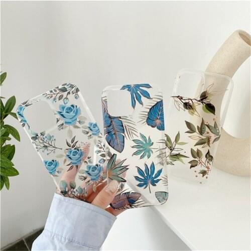 Retro Flower And Leaf Pattern phone case For iPhone 12 Mini 11Pro Max X XR XS SE2020 7 8 Plus Transparent Soft IMD Back Cover