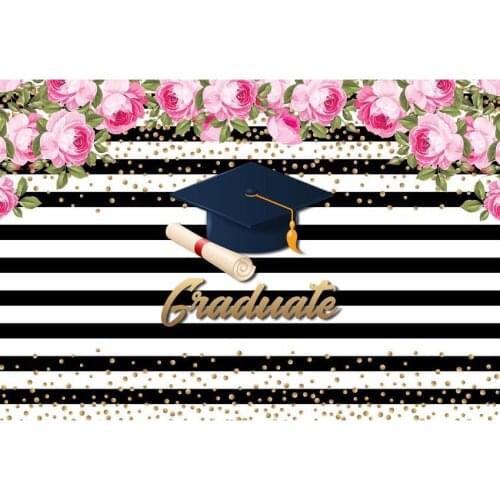 Black And White Stripe Photography Background Bachelor Cap And Gloden Spots With Pink Roses Backdrop For Graduation Photo Props