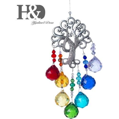 H&D Crystal Suncatcher Tree of Life Rainbow Window Ornament with 20mm Crystal Ball Prism Chakra Sun Cacther Home Garden Decor