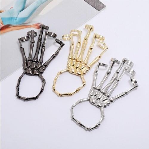 Halloween Skeleton Bracelet Metal Gothic Punk Skull Finger Ring Wristband Adjustable Women Skeleton Bone Hand Bracelets Hot Sale