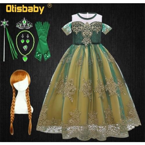 Fancy Fairy Girl Elsa Anna Dress Up Halloween Anna Costume Childrens Evening Green Lace Dress Elegant Wedding Dresses for Girls
