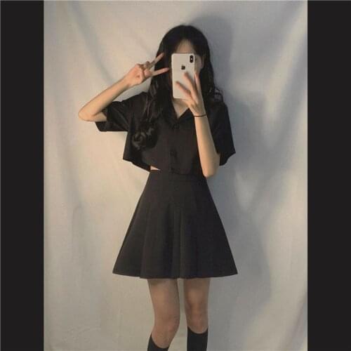 Harajuku solid suit female clothes summer Korean fashion preppy style black top + high waist slim short skirt two-piece trend