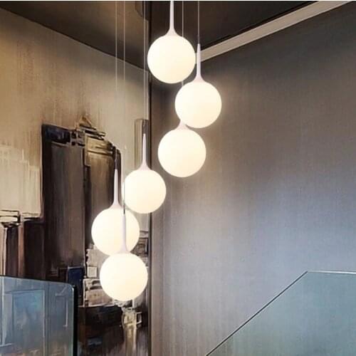 Modern minimalist stair chandelier rotating long chandelier Villa double creative glass ball personality restaurant LED lights