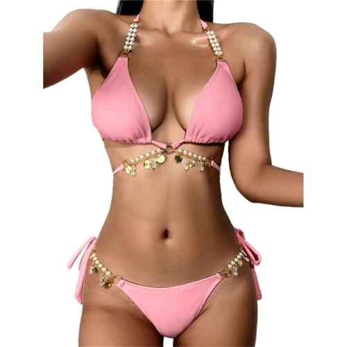 Xingqing Womens Crystal Decoration 2Pcs Bikini Suit Split Style Halter Tops with Thongs for Beach/Swimming Ladies Beachwear
