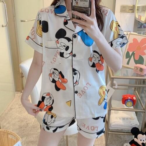 Disney Minnie Mouse Pajamas Womens Summer Short Sleeve Silk Sexy Clothing Set For Hone Wear Cartoon Costume Pijs Lady Sleepwear