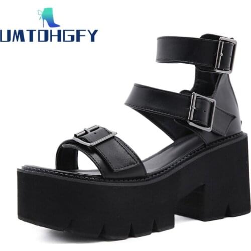 Genuel Leather Ankle Strap Summer Women Sandals Open Toe Platform Shoes 9cm High Thick Heels Female Unique Party Rome 35-42 43