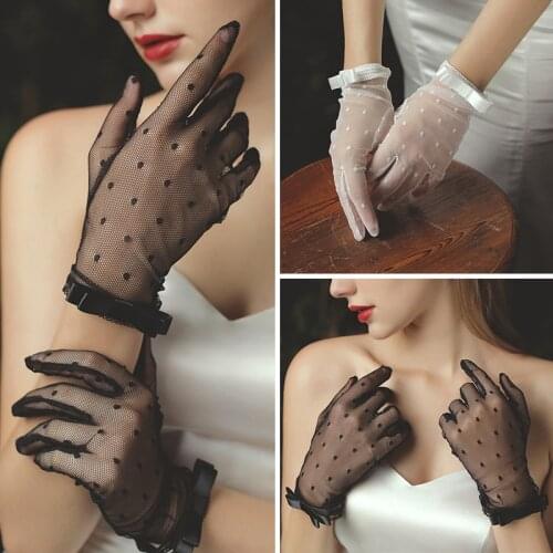 Womens Sexy Transparentes Gloves Dot Print Black White Mesh Tulle Bowknot Gloves Female Elegant Mittens Party Dancing Glove