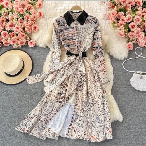 Woman Elegant Vintage Luxury Beading Midi Dress 2021 Runway Desginer Shirt Collar Long sleeve Bow Sashes Party Dress Robe M69520