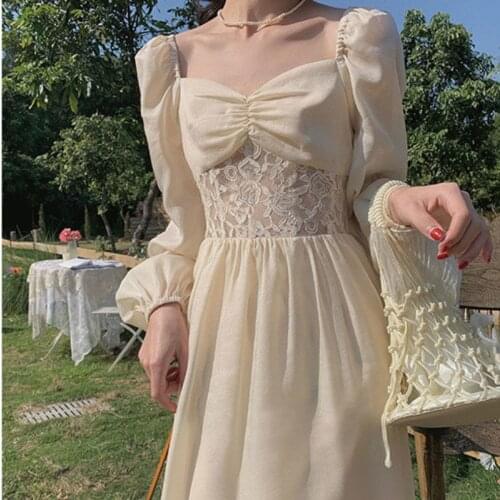 2021 Summer Lace Women Dress Elegant High Waist Retro Party Midi Dress Female Long Sleeve Designer Casual Korean One-piece Dress