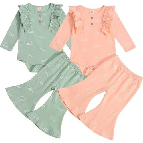 2PCS Set Newborn Baby Girl Sun Print Long Sleeve Cotton Bodysuit Tops Flared Pant Bell Bottom Outfits Baby Clothes