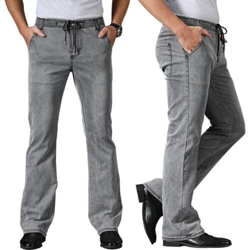 2021 Summer Thin Micro Flared Jeans Men Boot Cut Denim Pants Drawstring Stretch Waist Breathable Soft Male Casual Gray Trousers