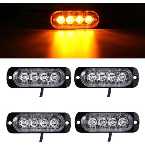 Fuleem 4PCS 4LED Amber Car Truck Emergency Beacon Warning Hazard Flash Strobe Light Bar Side Light 12V 24V Waterproof