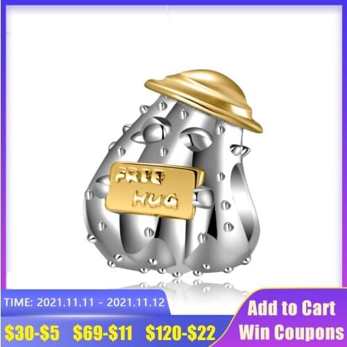 AGATA Authentic 925 Sterling Silver Charms Cactus with A Hat Gold-plated Beads Fit Pulsera Pandora Plata De Ley 925 Original