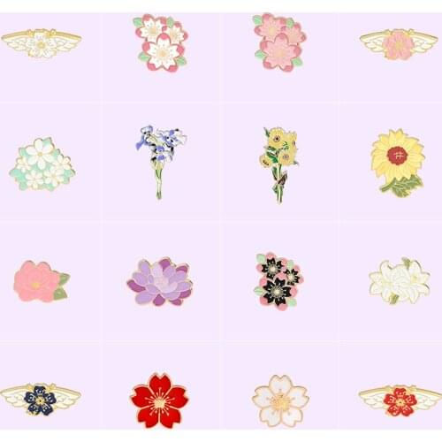 Flower Series Enamel Pins Sakura Wing Lily Sunflower Blossom Brooches Bag Lapel Pin Badge Jewelry Gift For Kids Friend Wholesale