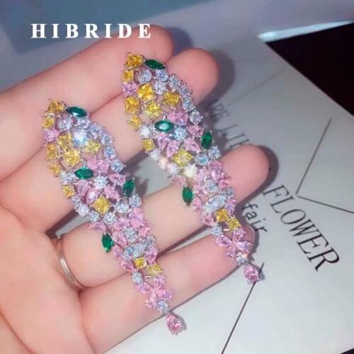 HIBRIDE Sparkling Cubic Zircon Colorful Bridal Drop Earrings For Women Fashion Brincos Wedding Engagement Jewelry E-889