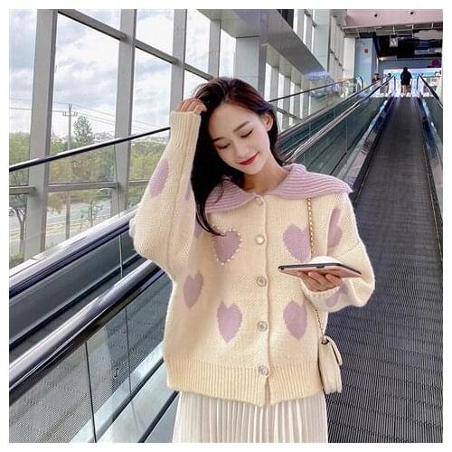 Cardigan for Women Turn-down Collar Heart Print Sweet Cute Student Lazy Knit Cardigans Women Long Sleeves Loose Womens Sweater