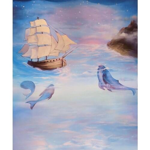 Oil Painting Style Purple Blue Fairy Sea Backdrop Printed Sailboat Dolphin Night Sky Glitter Stars Baby Kids Photo Backgrounds