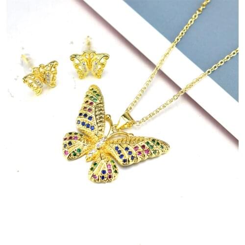 Korea Fashion Pendant Color Zircon Butterfly Necklace Lady Butterfly Earring Lady Jewelry Wholesale Consignment